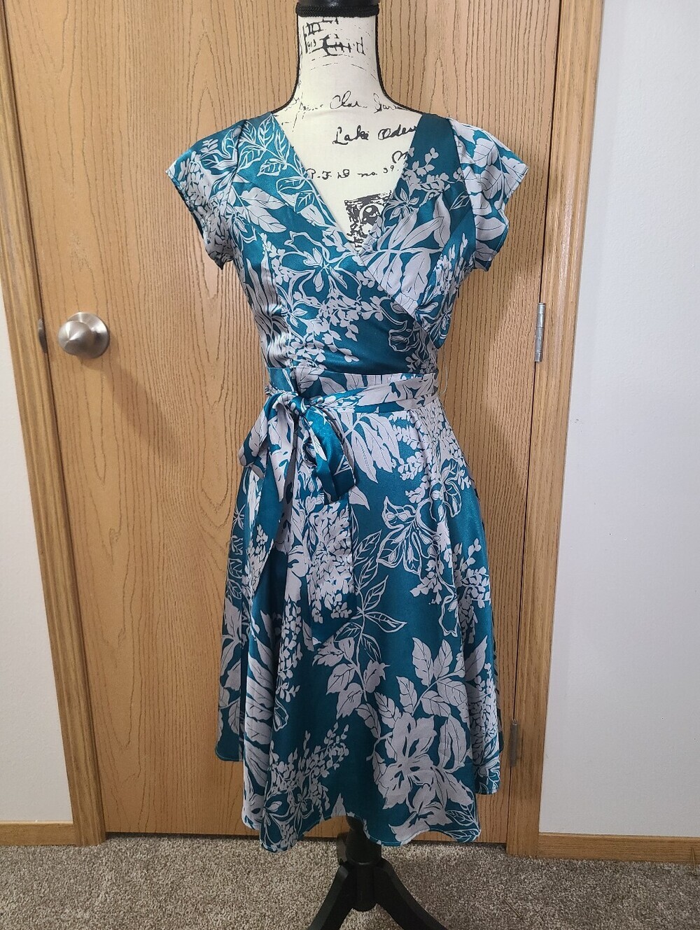 Romy Asian Inspired Floral Leaf Satin Faux Wrap Tie Belt A-line Dress